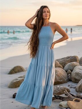 Hippie Rose Light Blue Smocked Halter Maxi Dress